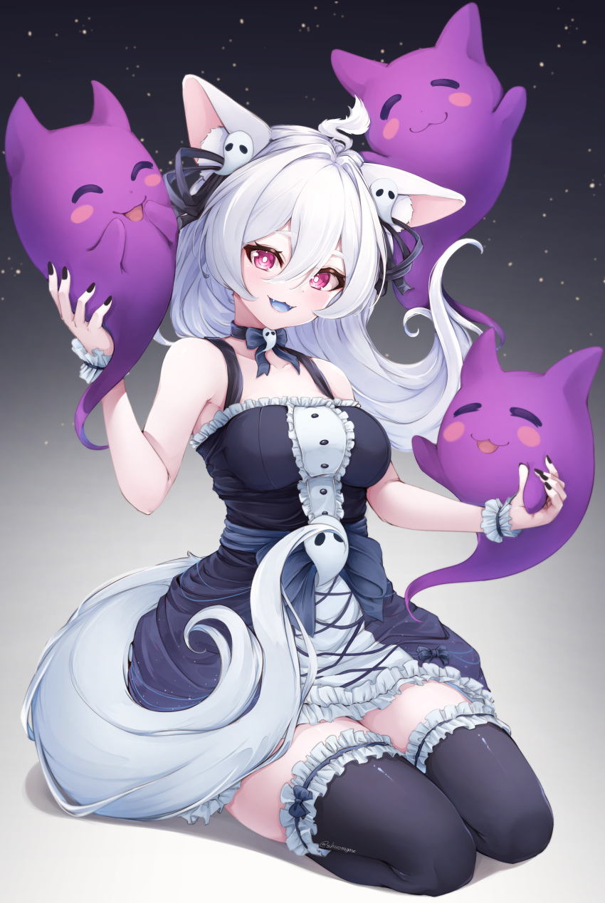 1girl :3 :d =_= absurdres ahoge animal_ear_fluff animal_ears bare_shoulders black_bow black_dress black_nails black_ribbon black_thighhighs blue_tongue bow bowtie breasts bright_pupils center_frills collarbone colored_tongue dress fangs fox_ears fox_girl fox_tail frilled_cuffs frilled_dress frilled_thighhighs frills full_body ghost ghost_hair_ornament gradient_background hair_between_eyes hair_ribbon hands_up highres impossible_clothes impossible_dress indie_virtual_youtuber light_particles long_hair looking_at_viewer medium_breasts neck_ribbon pink_eyes pooky_boo ribbon seiza shironagase sitting sleeveless sleeveless_dress smile solo tail thighhighs virtual_youtuber white_hair white_pupils wrist_cuffs