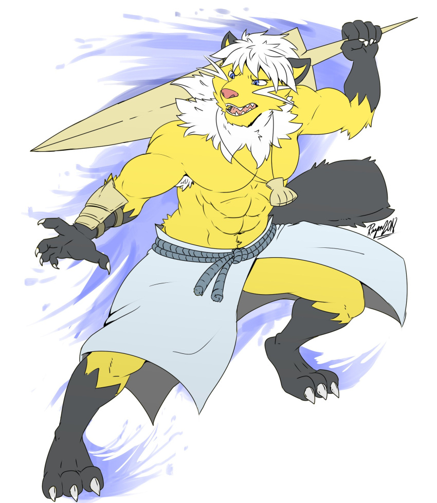 abs anthro clothed clothing fur generation_5_pokemon hair hi_res lofnirv male mammal muscular muscular_anthro muscular_male nintendo pokemon pokemon_(species) samurott simple_background solo teeth