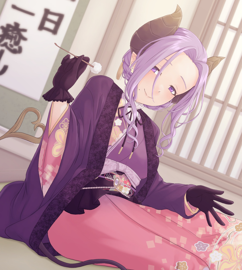 1girl absurdres black_gloves black_ribbon blush braid breasts closed_mouth commentary_request demon_girl demon_horns demon_tail dutch_angle feet_out_of_frame frilled_gloves frills gem gloves hair_between_eyes hanging_scroll highres holding horns indoors japanese_clothes kimono long_bangs long_hair long_sleeves looking_at_viewer mimikaki mole mole_under_mouth nanashi_inc. neck_ribbon other5555 parted_bangs pearl_(gemstone) pink_skirt pointy_ears purple_eyes purple_hair purple_kimono ribbon saionji_mary scroll sidelocks sitting skirt smile solo tail virtual_youtuber wide_sleeves