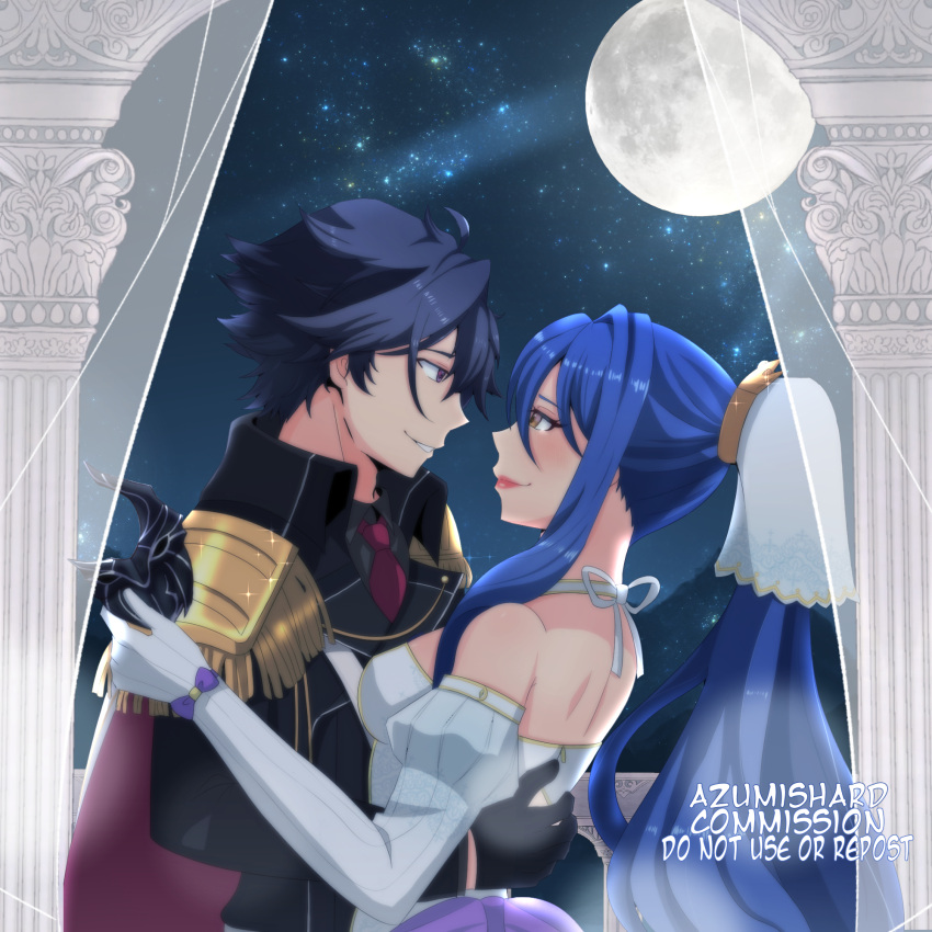 1boy 1girl ahoge azumishard black_gloves black_hair blue_hair cape column commission dress eiyuu_densetsu elbow_gloves english_commentary english_text epaulettes full_moon gloves half_mask highres hug laura_s._arseid long_hair mask moon night night_sky pillar ponytail purple_eyes rean_schwarzer sen_no_kiseki sen_no_kiseki_iii sky star_(sky) starry_sky wedding_dress white_gloves yellow_eyes