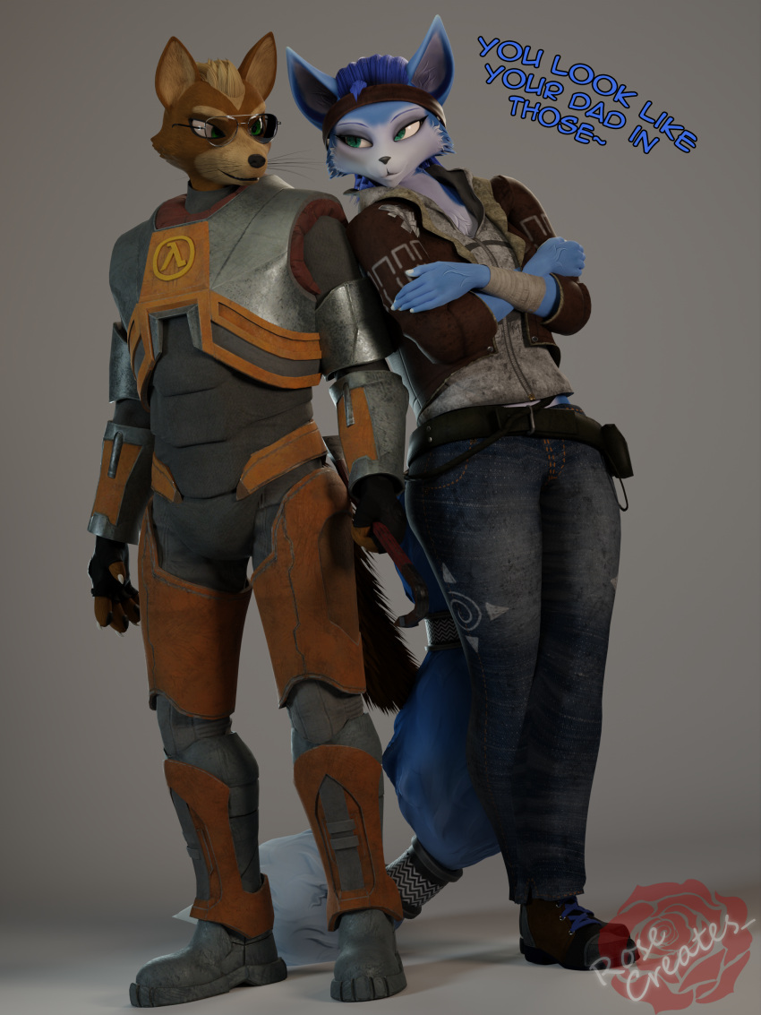 3:4 3d_(artwork) absurd_res anthro biped blender_(software) blue_body blue_fur blue_hair canid canine canis clothed clothing crowbar digital_media_(artwork) duo english_text female fox fox_mccloud fur hair half-life hev_suit hi_res holding_crowbar krystal male male/female mammal nintendo rosecreates simple_background smile smirk star_fox tail text tools topwear valve weapon white_body white_fur