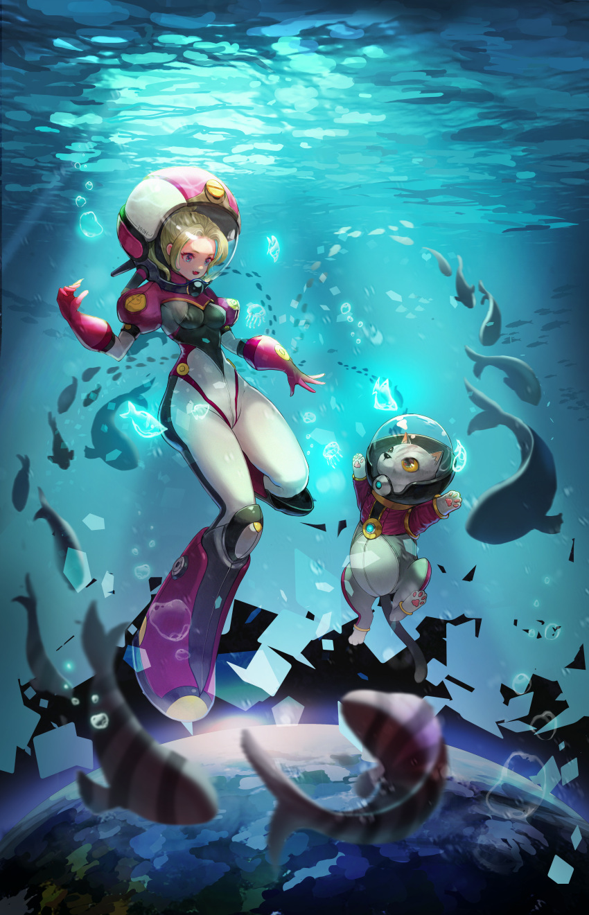 1girl absurdres air_bubble black_bodysuit blue_eyes bodysuit breasts bubble cat ddcc0123 diving_helmet earth_(planet) fang fish full_body gloves green_hair grey_cat helmet highres jellyfish korean_commentary looking_at_animal looking_down medium_breasts medium_hair multicolored_bodysuit multicolored_clothes open_mouth original pink_bodysuit pink_gloves planet red_footwear skin_fang solo underwater water white_bodysuit