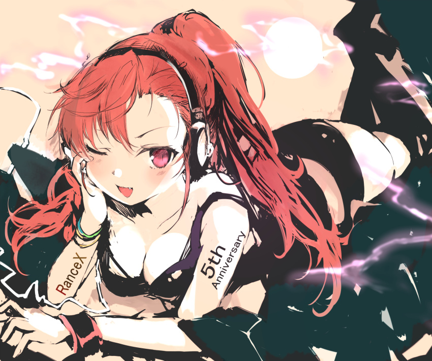 1girl agulo anniversary arm_support breasts cleavage fang full_body head_on_hand headphones highres long_hair looking_at_viewer lying off_shoulder on_stomach one_eye_closed open_mouth ponytail rance_(series) rance_10 red_eyes red_hair satella shadow solo