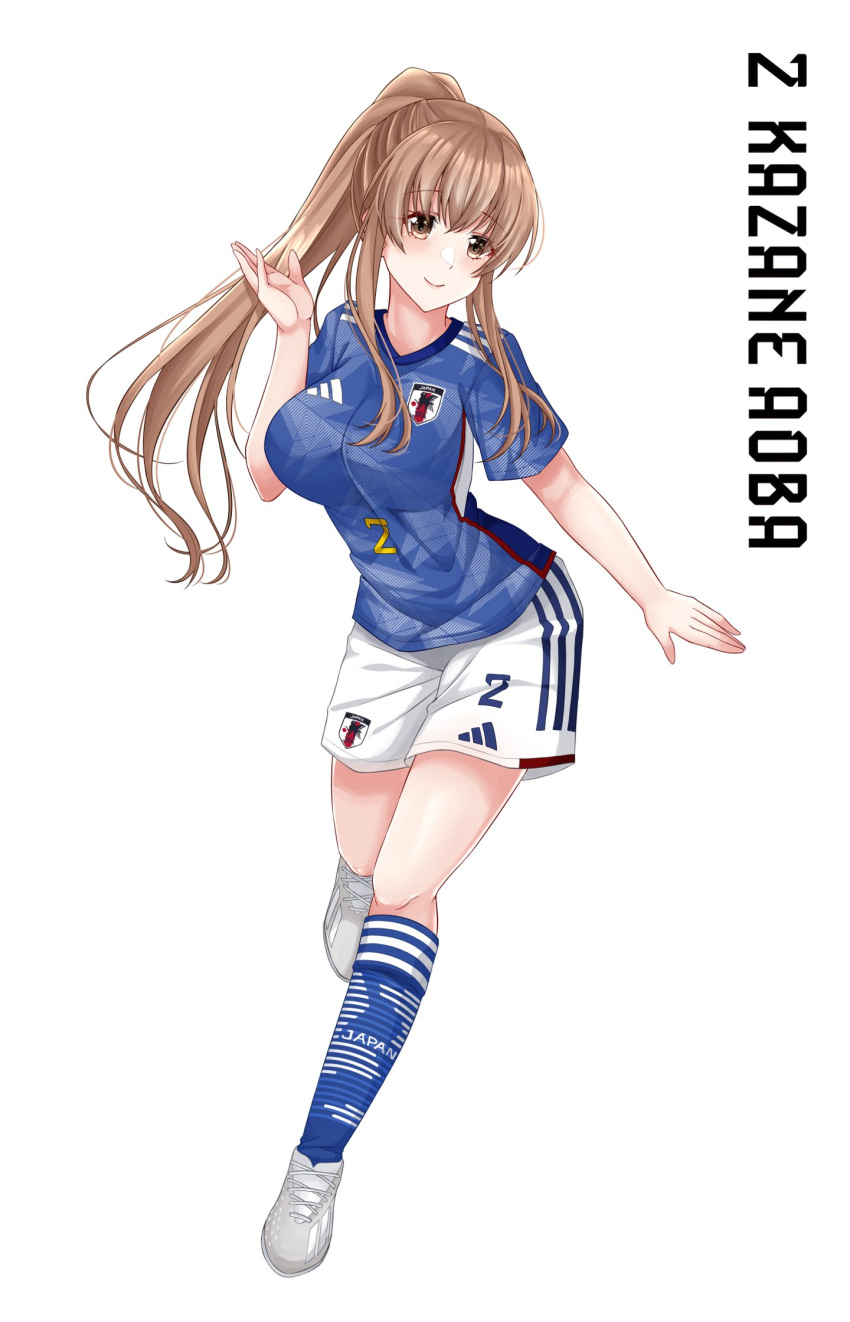1girl aoba_kazane blue_shirt blue_socks breasts brown_eyes brown_hair character_name closed_mouth commission full_body highres keijo!!!!!!!! kneehighs large_breasts long_hair ponytail rynn_(darknescorez) second-party_source shirt shoes short_sleeves shorts simple_background smile sneakers soccer_uniform socks solo sportswear white_background white_footwear white_shorts