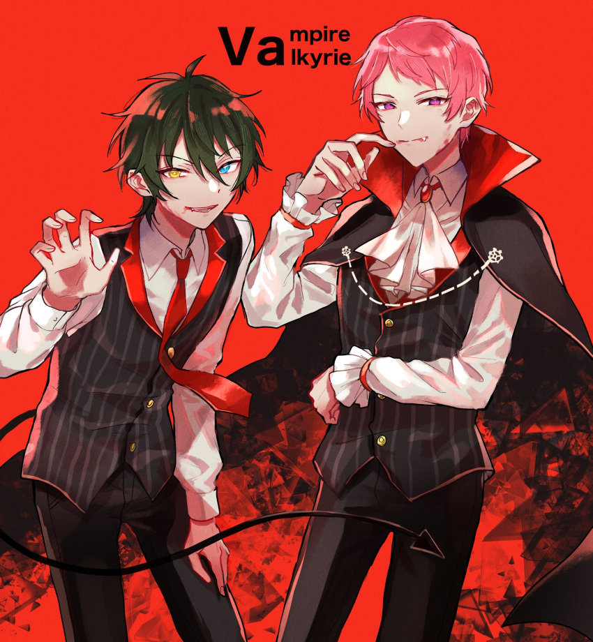 2boys aqua_eyes ascot black_pants buttons cape closed_mouth collared_shirt commentary_request demon_tail ensemble_stars! fang fingernails flood green_hair hair_between_eyes hetero high_collar highres itsuki_shu kagehira_mika lapels long_sleeves male_focus multiple_boys necktie open_mouth pants pink_hair purple_eyes red_background red_necktie shirt short_hair tail valkyrie_(ensemble_stars!) vest wednesday_108 white_shirt yellow_eyes