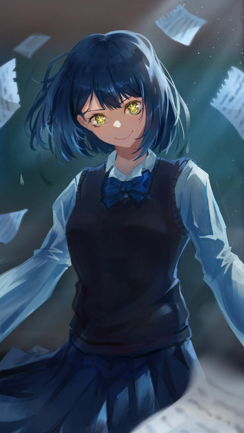 1girl absurdres aqua_eyes arkerxx black_sweater blue_bow blue_bowtie blue_hair blue_skirt blush bow bowtie closed_mouth collared_shirt commentary_request cowboy_shot flying_paper hair_between_eyes highres kurokawa_akane light_particles looking_at_viewer medium_hair oshi_no_ko paper partial_commentary pleated_skirt school_uniform shirt skirt smile solo star-shaped_pupils star_(symbol) sweater symbol-shaped_pupils white_shirt