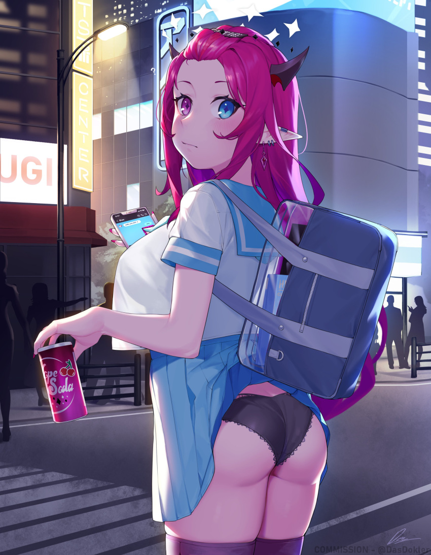 1girl absurdres accidental_exposure aqua_eyes ass ass_focus bag black_panties blue_sailor_collar blue_skirt book breasts cellphone city cityscape clothes_lift crosswalk dasdokter demon_horns double_halo ear_piercing earrings forehead hair_ornament hairpin halo heterochromia highres hololive hololive_english horns irys_(hololive) jewelry lamppost large_breasts long_hair multicolored_hair nail_polish night panties phone piercing pink_eyes pink_hair pink_nails pleated_skirt pointy_ears red_hair sailor sailor_collar school_uniform shoulder_bag skirt skirt_lift smartphone star_halo text_messaging textbook thighhighs underwear very_long_hair virtual_youtuber