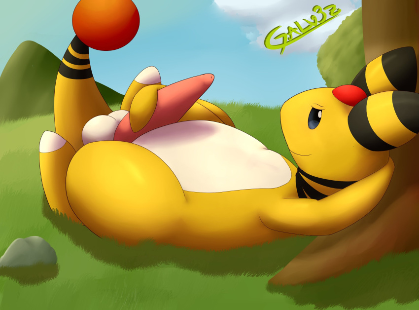 against_natural_surface against_surface against_tree ampharos animal_genitalia balls belly big_balls big_penis digital_media_(artwork) erection feral forehead_gem galv3z_(artist) generation_2_pokemon genitals grass hand_behind_head hand_on_own_penis hand_on_penis hi_res holding_penis horn looking_at_viewer lying male markings multicolored_body narrowed_eyes naughty_face nintendo nude on_back outside penis pink_penis plant pokemon pokemon_(species) seductive signature sky smile smiling_at_viewer solo striped_horn striped_markings striped_neck striped_tail stripes tail tail_gem tail_markings tapering_penis thick_thighs tree two_tone_body white_balls white_belly yellow_arms yellow_body yellow_face yellow_head yellow_nose
