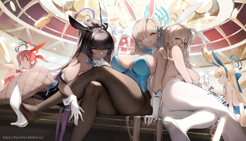 4girls akane_(blue_archive) akane_(bunny)_(blue_archive) animal_ears arm_support artist_name ass asuna_(blue_archive) asuna_(bunny)_(blue_archive) bare_shoulders black_hair blonde_hair blue_archive breasts brown_eyes cleavage coin commentary crossed_arms crossed_legs dark-skinned_female dark_skin detached_collar elbow_gloves fake_animal_ears fake_tail fishnet_pantyhose fishnets floating floating_object glasses gloves gold_coin hair_over_one_eye hand_up high_heels highleg highleg_leotard highres indoors karin_(blue_archive) karin_(bunny)_(blue_archive) kyuri_tizu large_breasts leotard long_hair lying mole mole_on_breast multiple_girls neru_(blue_archive) neru_(bunny)_(blue_archive) on_side open_mouth pantyhose parted_lips rabbit_ears rabbit_tail signature simple_background sitting smile strapless strapless_leotard symbol-only_commentary tail toki_(blue_archive) toki_(bunny)_(blue_archive) wrist_cuffs