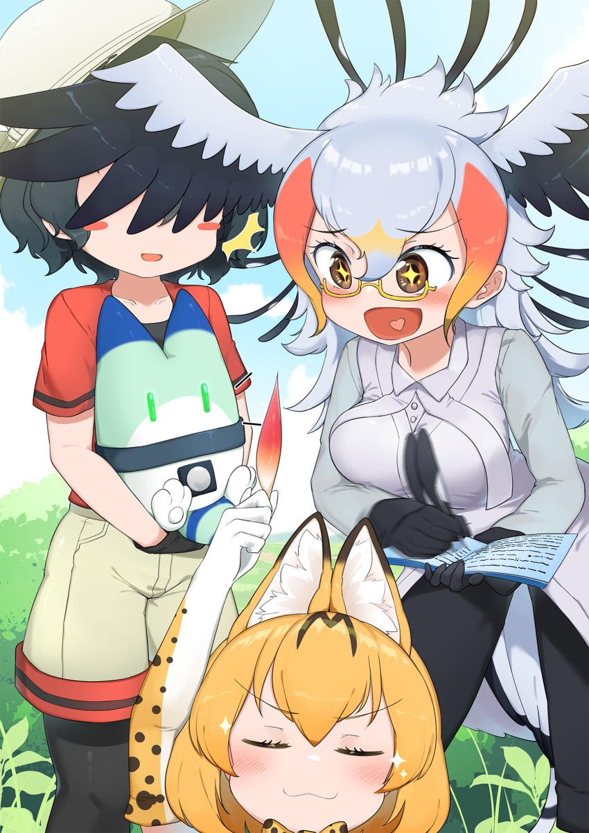 +_+ 3girls :3 afterimage animal_ears bird_girl bird_tail bird_wings black_gloves black_hair black_pants black_pantyhose blue_eyes blush blush_stickers book bow bowtie brown_eyes cat_ears cat_girl chis_(js60216) closed_eyes coat excited gloves grey_hair grey_shorts hair_between_eyes head_wings heart heart_in_mouth helmet highres kaban_(kemono_friends) kemono_friends long_coat long_hair looking_at_another lucky_beast_(kemono_friends) motion_blur multicolored_hair multiple_girls orange_bow orange_bowtie pants pantyhose pith_helmet print_bow print_bowtie quill red_hair red_shirt secretarybird_(kemono_friends) semi-rimless_eyewear serval_(kemono_friends) serval_print shirt short_hair short_sleeves shorts smile smug sparkle t-shirt tail white_coat wings writing