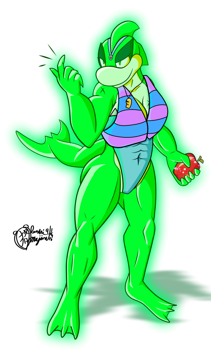 abs absurd_res anthro apple beckoning breasts cleavage clothed clothing fan_character female food fruit gesture glowing glowing_body green_body hi_res holding_object jetsam_(neopets) jumpstart_games lendri_mujina life_jacket membrane_(anatomy) muscular muscular_female neopet_(species) neopets one-piece_swimsuit plant ranbina_luz scar solo standing swimwear tight_swimsuit webbed_feet whistle_(object)