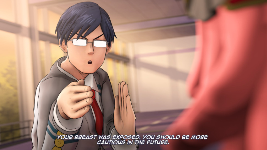 1boy 1girl 3d :o black_hair blurry blurry_background blurry_foreground boku_no_hero_academia collared_shirt english_text greatm8 grey_jacket hands_up hatsume_mei highres iida_tenya jacket necktie pink_hair red_necktie rejection school_uniform shirt short_hair solo_focus subtitled teeth u.a._school_uniform upper_body upper_teeth_only white_shirt