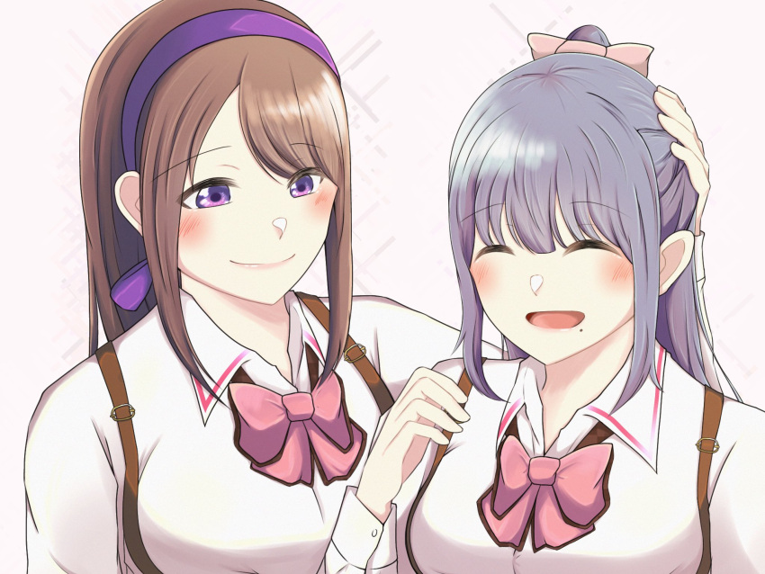 2girls ^_^ arm_at_side arm_up assault_lily blush bow bowtie braid breasts brown_hair closed_eyes closed_mouth collared_shirt commentary french_braid fukuyama_jeanne_sachie grey_hair hair_bow hair_ribbon hairband half_updo hand_on_another's_head hand_up highres kishimoto_maria_mirai long_hair long_sleeves looking_at_another ludvico_private_girls'_academy_school_uniform medium_breasts mimura_(eh_mi0) mole mole_under_mouth multiple_girls open_mouth pink_background pink_bow pink_bowtie purple_eyes purple_hairband purple_ribbon ribbon school_uniform shirt side-by-side sidelocks simple_background smile suspenders swept_bangs upper_body white_shirt