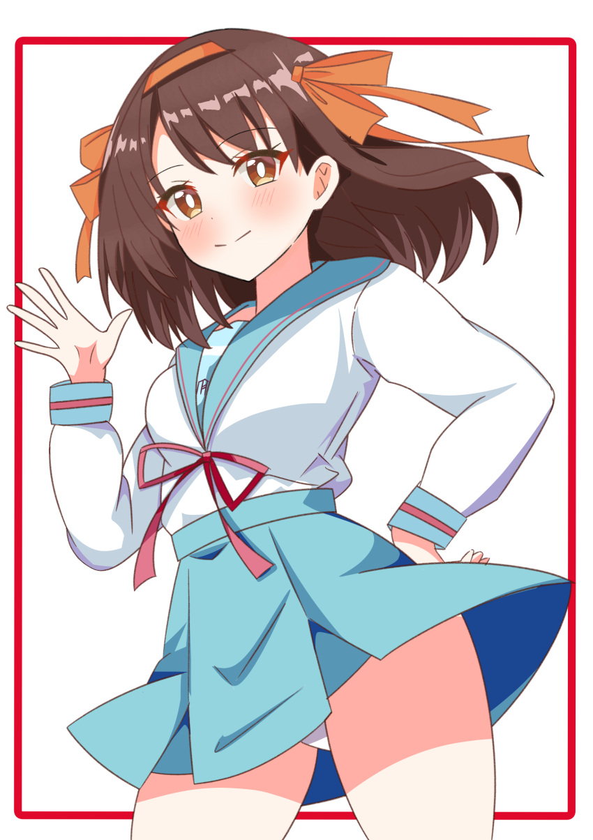 1girl absurdres blue_sailor_collar blue_skirt blush bob_cut brown_eyes brown_hair closed_mouth cowboy_shot hair_ribbon hairband highres hiiragisensei kita_high_school_uniform long_sleeves looking_at_viewer medium_hair orange_hairband orange_ribbon panties pantyshot red_ribbon ribbon sailor_collar school_uniform serafuku skirt smile solo standing suzumiya_haruhi suzumiya_haruhi_no_yuuutsu underwear white_panties winter_uniform