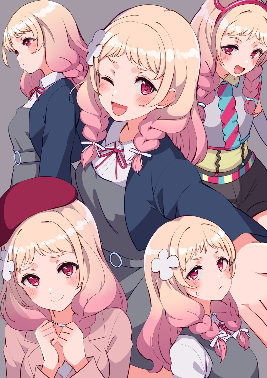 1girl absurdres beret birthday blonde_hair blue_jacket blush braid cream_(nipakupa) dress flower gradient_hair grey_background hair_flower hair_ornament hat highres jacket jewelry long_hair looking_at_viewer love_live! love_live!_superstar!! multicolored_hair multiple_views neck_ribbon necklace onitsuka_natsumi open_mouth pinafore_dress pink_eyes pink_hair pink_jacket red_headwear red_ribbon ribbon school_uniform shirt simple_background sleeveless sleeveless_dress smile sweatdrop twin_braids upper_body white_shirt yuigaoka_school_uniform