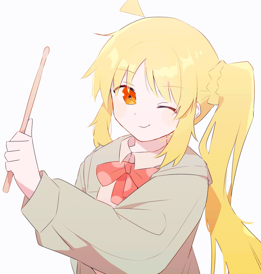 1girl absurdres ahoge arm_up blonde_hair bocchi_the_rock! bow bowtie collared_shirt commentary drumsticks grey_jacket grey_shirt highres holding holding_drumsticks hood hooded_jacket ijichi_nijika jacket light_smile long_sleeves looking_at_viewer nekonabe one_eye_closed orange_eyes parted_bangs polka_dot polka_dot_bow red_bow shirt side_ponytail sidelocks solo white_background