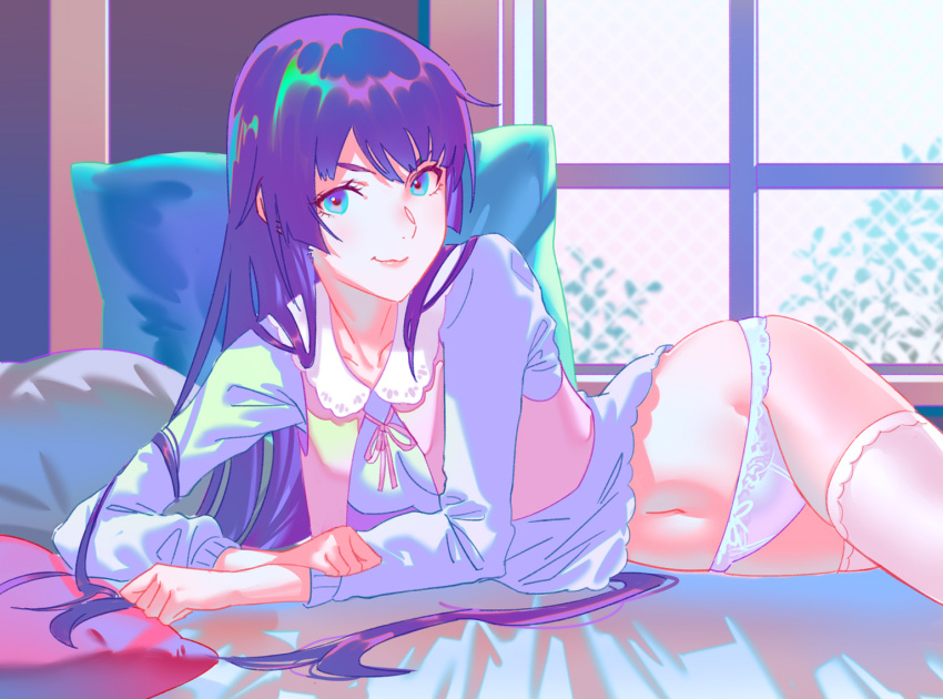 1girl arm_support bakemonogatari black_thighhighs blue_background blue_eyes blue_shirt blush breasts collar commentary_request eyelashes feet_out_of_frame frilled_thighhighs frills indoors lace_trim long_hair long_sleeves looking_at_viewer lying medium_breasts midriff monogatari_(series) navel no_pants on_side panties parted_bangs pink_vest purple_hair rapa_rachi revision ribbon_panties senjougahara_hitagi shadow shirt smile solo thighhighs underwear very_long_hair vest white_collar white_thighhighs window