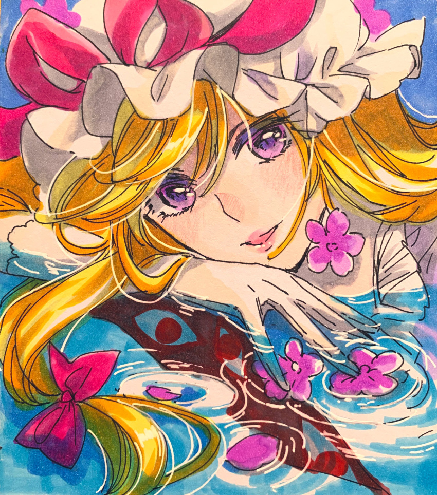 1girl absurdres akaioringo2023 blonde_hair bow dress flower gap_(touhou) gloves hair_bow hat hat_ribbon highres long_hair looking_at_viewer mob_cap purple_dress purple_eyes purple_flower red_bow red_ribbon ribbon solo touhou traditional_media water white_gloves white_headwear yakumo_yukari