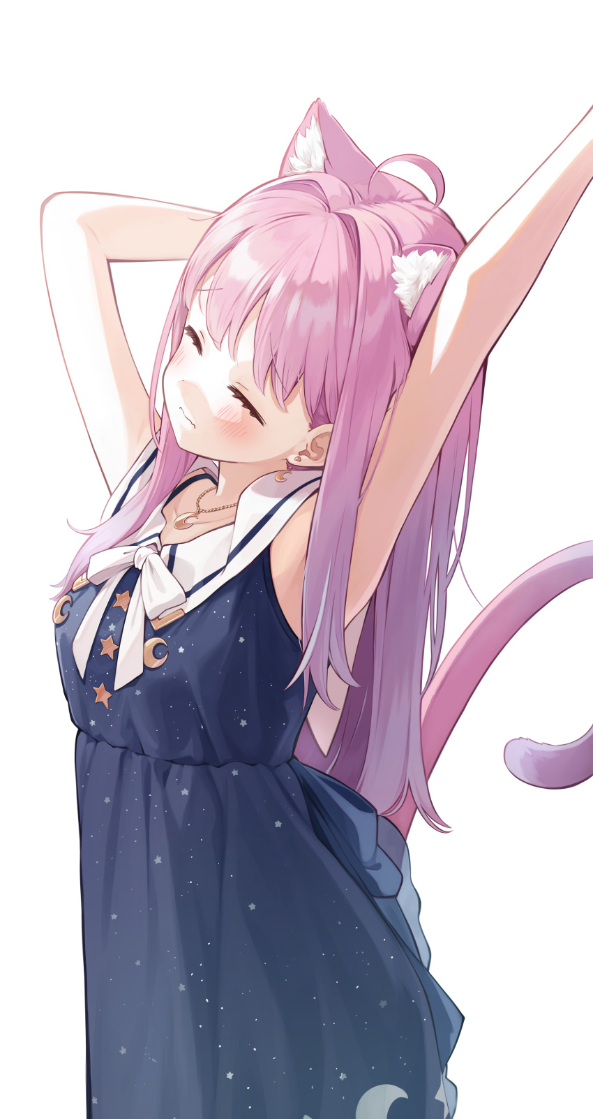 1girl absurdres animal_ear_fluff animal_ears arm_up blue_dress bow bowtie cat_ears cat_girl cat_tail closed_eyes dress gradient_hair hair_down highres himemori_luna himemori_luna_(3rd_costume) hololive long_hair multicolored_hair official_alternate_costume pink_hair pinkusan purple_hair sailor_collar sailor_dress simple_background sleeveless solo stretching tail virtual_youtuber white_background white_bow white_bowtie white_sailor_collar