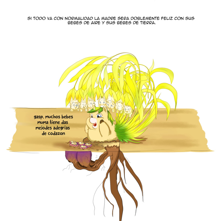 1:1 ambiguous_gender baby_talk blue_eyes brown_body brown_fur dialogue elemental_creature feral flora_fauna fluffy_pony fluffy_pony_(species) fur green_hair group hair hi_res inshi parent_(lore) parent_and_child_(lore) plant simple_background spanish_text text white_background