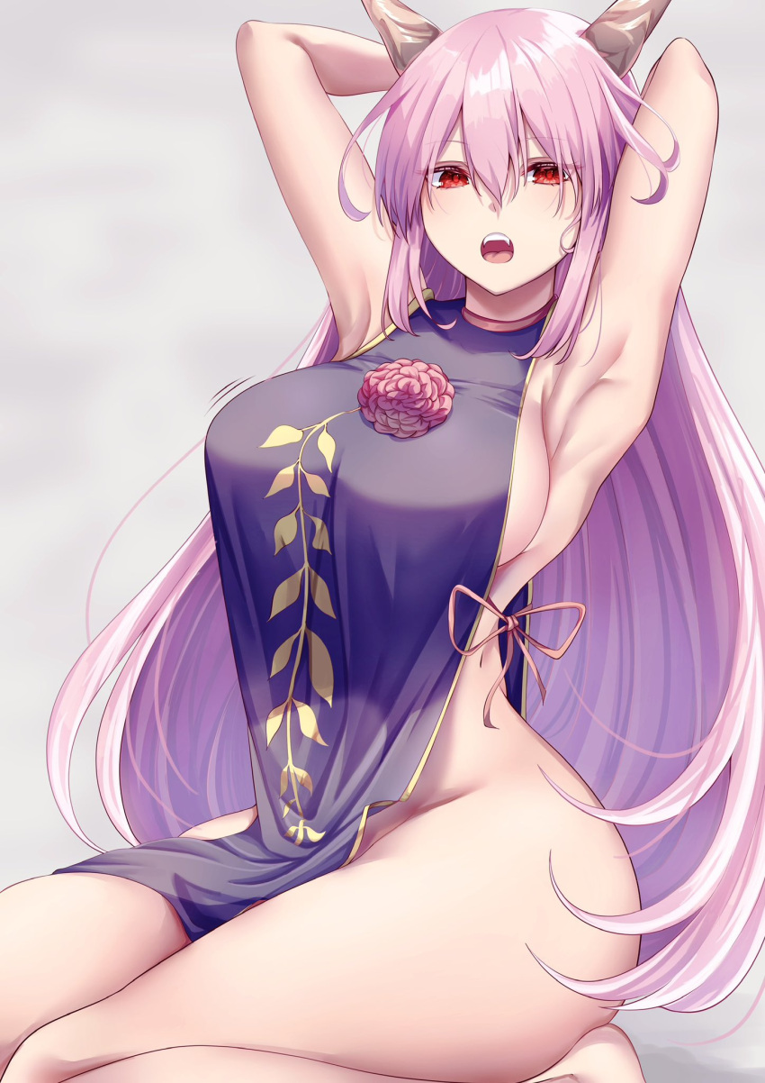 1girl :o armpits arms_behind_head arms_up breasts commentary grey_background hair_between_eyes highres horns ibaraki_douji_(touhou) ibaraki_kasen large_breasts long_hair looking_at_viewer mirufui naked_tabard no_bra no_panties open_mouth pelvic_curtain pink_hair red_eyes seiza sideboob sitting solo tabard teeth touhou upper_teeth_only