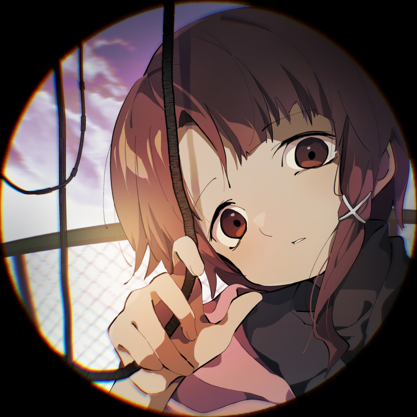 asymmetrical_bangs asymmetrical_hair black_border black_sweater blurry blurry_background border brown_eyes brown_hair chain-link_fence chromatic_aberration circular_border cloud cloudy_sky commentary fence fingernails hair_ornament hand_up head_tilt highres iwakura_lain jacket light looking_at_viewer medium_hair outdoors parted_lips pink_jacket serial_experiments_lain shadow single_sidelock sky sui_hope sweater turtleneck turtleneck_sweater upper_body wire x_hair_ornament