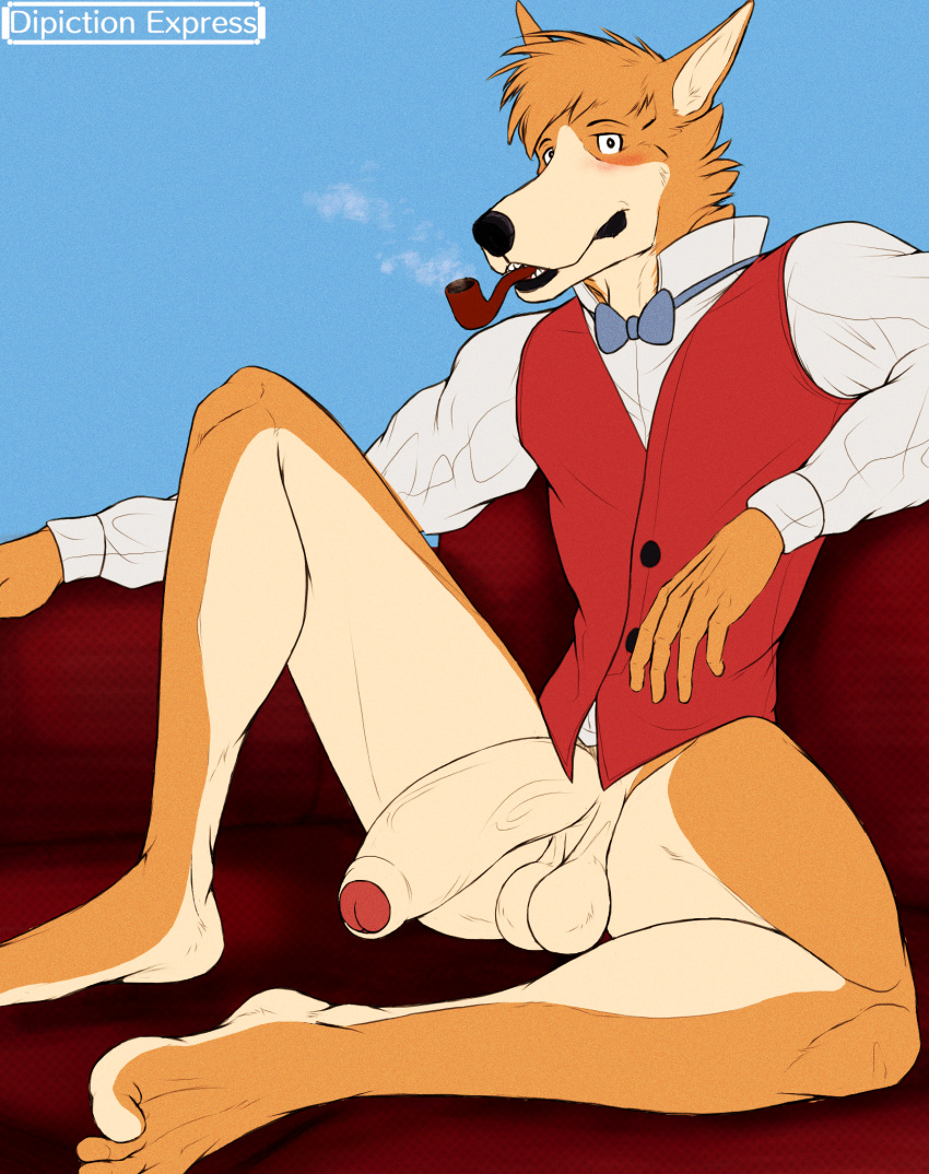 anthro balls barefoot big_balls big_penis blush blushing_male bottomwear bow_tie canid canine canis clothing collared_shirt depictionexpress domestic_dog dress_shirt feet flaccid foreskin formal_clothing fur furniture genitals half_naked hi_res looking_at_viewer male mammal orange_body orange_fur pants penis perspective relaxing saggy_balls sherlock_hound shirt simple_background slim_anthro slim_male smoke smoking smoking_pipe sofa solo spread_legs spreading suit tan_body tan_fur toe_curl toes topwear vein veiny_penis