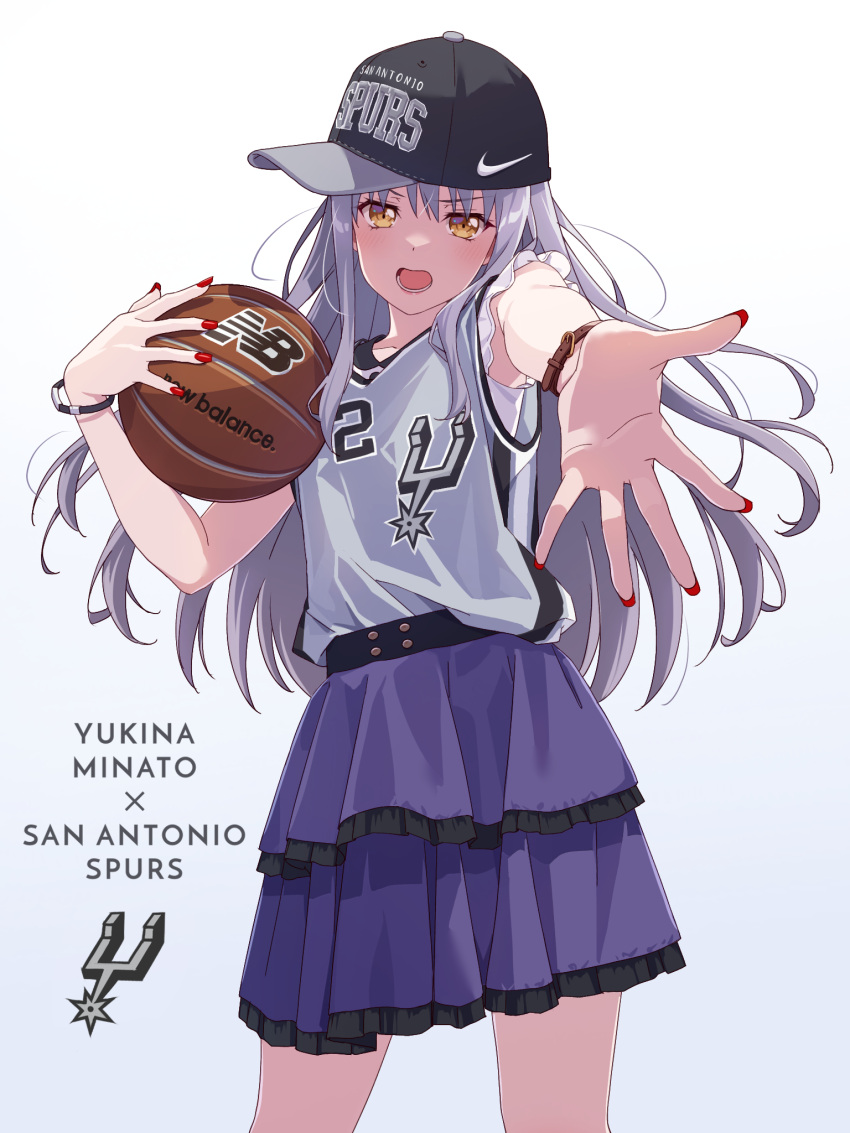 1girl ball bang_dream! basketball basketball_(object) basketball_hoop basketball_uniform grey_hair highres holding kawhi_leonard long_hair looking_at_viewer minato_yukina multiple_girls national_basketball_association new_balance open_mouth san_antonio_spurs skirt sportswear yazawa_happyaro yellow_eyes