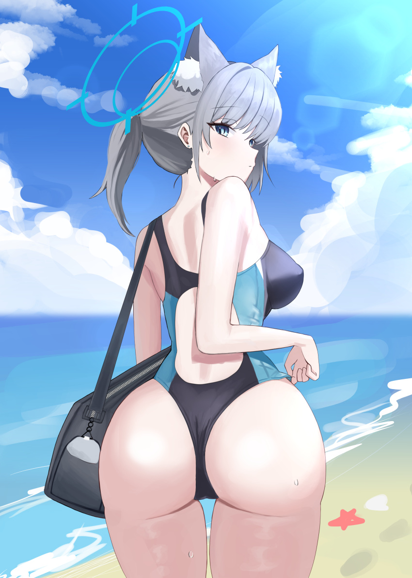 1girl absurdres animal_ears ass bare_arms bare_legs bare_shoulders beach black_one-piece_swimsuit blue_archive blue_eyes blue_halo breasts closed_mouth competition_swimsuit cowboy_shot day extra_ears from_behind grey_hair halo highres korean_commentary looking_at_viewer looking_back medium_breasts medium_hair mouche ocean official_alternate_costume one-piece_swimsuit outdoors shiroko_(blue_archive) shiroko_(swimsuit)_(blue_archive) solo swimsuit wolf_ears