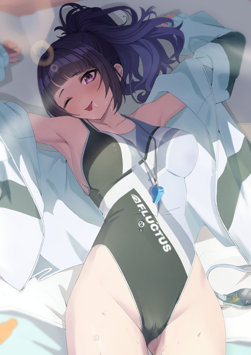 absurdres bed black_hair blunt_bangs breasts competition_swimsuit cowboy_shot diagonal_bangs highleg highleg_swimsuit highres idolmaster idolmaster_shiny_colors jacket large_breasts multicolored_clothes multicolored_swimsuit one-piece_swimsuit open_clothes open_jacket ponytail purple_eyes swimsuit tanaka_mamimi td_(tandeom97) tongue tongue_out whistle whistle_around_neck white_jacket