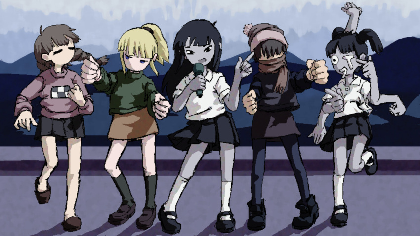 5girls bad_link dancing dark dark_background full_body madotsuki mafurako monochrome monoe monoko multiple_girls music pale_skin pleated_skirt poniko shirt shoes singing skirt socks yume_nikki