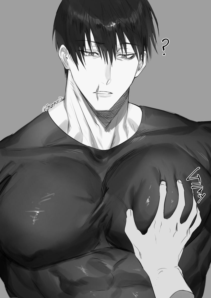 2boys ? bara fushiguro_touji grabbing greyscale highres jujutsu_kaisen large_pectorals male_focus monochrome multiple_boys muscular muscular_male papagro12 pectoral_grab pectorals scar scar_on_face scar_on_mouth shirt short_hair twitter_username upper_body yaoi