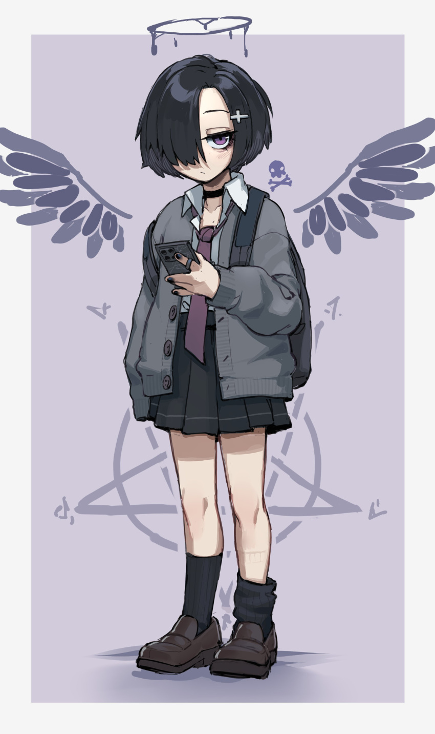 1girl absurdres black_footwear black_nails black_skirt black_socks border cellphone closed_mouth collared_shirt english_commentary full_body grey_jacket hair_ornament hair_over_one_eye halo highres holding holding_phone jacket k-rha's kurotama_rei long_sleeves looking_at_viewer necktie open_clothes open_jacket original phone pleated_skirt purple_background purple_eyes purple_necktie shirt simple_background skirt smartphone socks solo white_border white_shirt wings x_hair_ornament