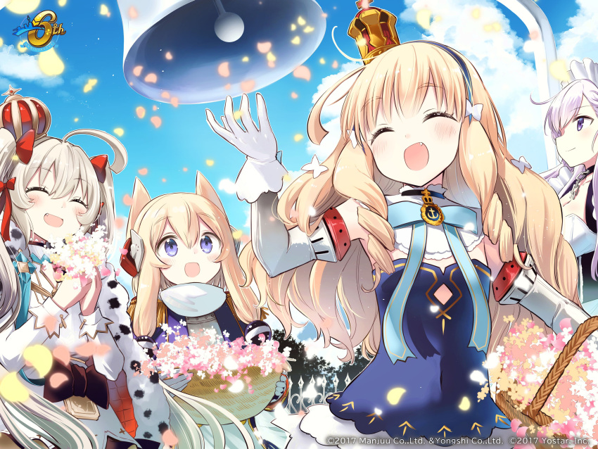 4girls absurdres animal_ears anniversary azur_lane basket belfast_(azur_lane) bell crown dog_ears dress fang flower highres maid maid_headdress multiple_girls official_art petals queen_elizabeth_(azur_lane) second-party_source tsuchii_(ramakifrau) valiant_(azur_lane) warspite_(azur_lane)