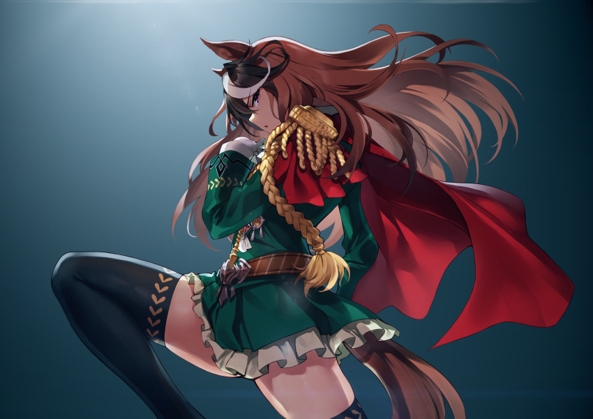 1girl absurdres aiguillette animal_ears belt black_thighhighs brown_hair cape commentary_request epaulettes floating_hair from_side glaring gloves green_jacket green_skirt hand_up highres horse_ears horse_girl horse_tail jacket long_hair long_sleeves looking_at_viewer looking_to_the_side miniskirt motsunabe_(mo2nap3) multicolored_hair open_mouth partial_commentary purple_eyes red_cape shoulder_cape sideways_mouth single_epaulette skirt solo streaked_hair symboli_rudolf_(umamusume) tail thighhighs umamusume white_gloves