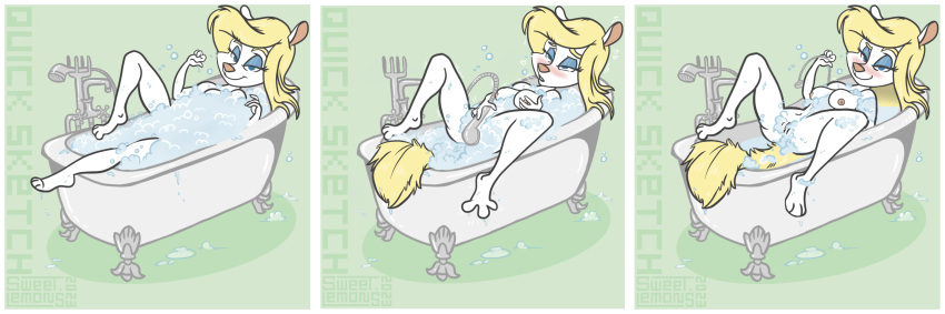 2023 3:1 3_toes 4_fingers absurd_res animaniacs anthro barely_visible_genitalia barely_visible_nipples barely_visible_pussy bath bathing bathroom bathtub bent_leg bent_legs blonde_hair blue_eyes blush breasts bubble comic comic_panel digital_drawing_(artwork) digital_media_(artwork) digital_painting_(artwork) drain_plug eyebrows eyelashes feet female fingers fluffy fluffy_tail foam fur genitals green_background hair hand_on_breast hi_res holding_object light_body light_fur long_hair long_tail looking_at_viewer looking_pleasured lying lying_in_water mammal masturbation minerva_mink mink monotone_body monotone_fur monotone_hair mustelid musteline nipples nude on_back open_mouth pink_nose pinup plug pose pussy shaded shadow short_ears shower shower_masturbation showering signature simple_background simple_coloring simple_eyes simple_shading smile snout solo solo_focus spread_legs spread_toes spreading sweet.lemons tail thick_thighs toe_curl toes true_musteline warner_brothers water water_jacking wet white_body white_fur wide_hips yellow_tail