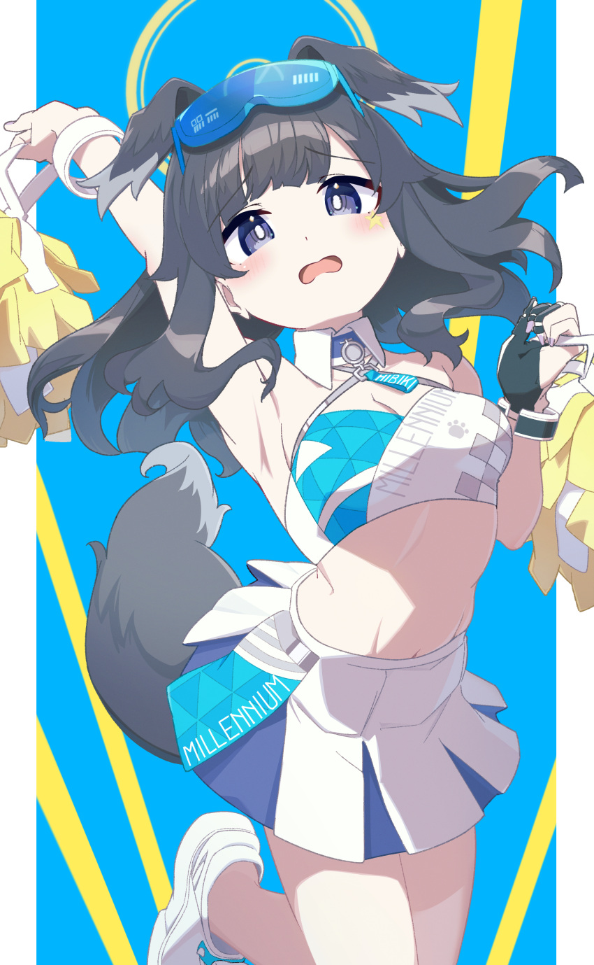 1girl absurdres animal_ears arm_up black_hair blue_archive blue_background blush breasts cheerleader cleavage commentary_request dog_ears dog_girl dog_tail facial_mark goggles goggles_on_head halo hibiki_(blue_archive) hibiki_(cheer_squad)_(blue_archive) highres holding long_hair looking_at_viewer medium_breasts navel open_mouth pleated_skirt pom_pom_(cheerleading) purple_eyes shoes skirt solo standing standing_on_one_leg star_(symbol) tail two-tone_background u-st_(uweiter) wavy_mouth white_footwear white_skirt yellow_background