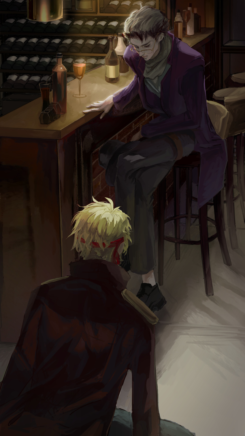 2boys artist_request bandana bar_stool black_hair blonde_hair bottle brown_jacket chinese_commentary commentary_request cup danitz_(lord_of_the_mysteries) dark glass glasses highres jacket klein_moretti kneeling looking_at_another lord_of_the_mysteries multiple_boys on_stool purple_jacket red_bandana shaded_face shadow short_hair sitting stool wine_bottle