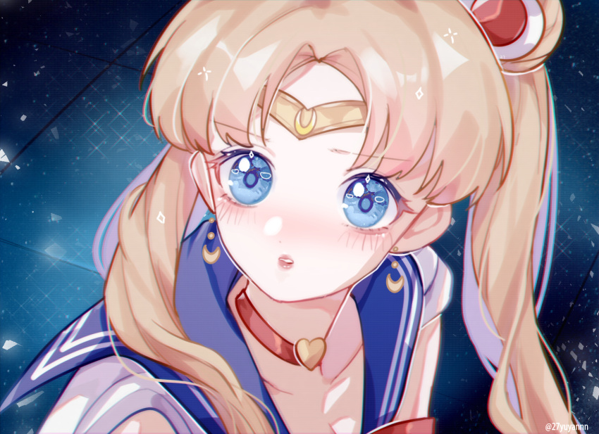 1girl bishoujo_senshi_sailor_moon blue_background blue_eyes blue_sailor_collar blush bow bowtie bun_cover choker circlet clip_studio_paint_(medium) collarbone colored_eyelashes crescent crescent_earrings crescent_hat_ornament double_bun earrings eyelashes hair_bun hat_ornament heart heart_choker highres jewelry long_hair looking_at_viewer magical_girl meme nose_blush open_mouth painttool_sai_(medium) pink_lips procreate_(medium) red_bow red_bowtie red_choker sailor_collar sailor_moon sailor_moon_redraw_challenge_(meme) sailor_shirt shirt short_sleeves sparkle teeth tile_floor tiles twintails twitter_username upper_body white_shirt yukomeow