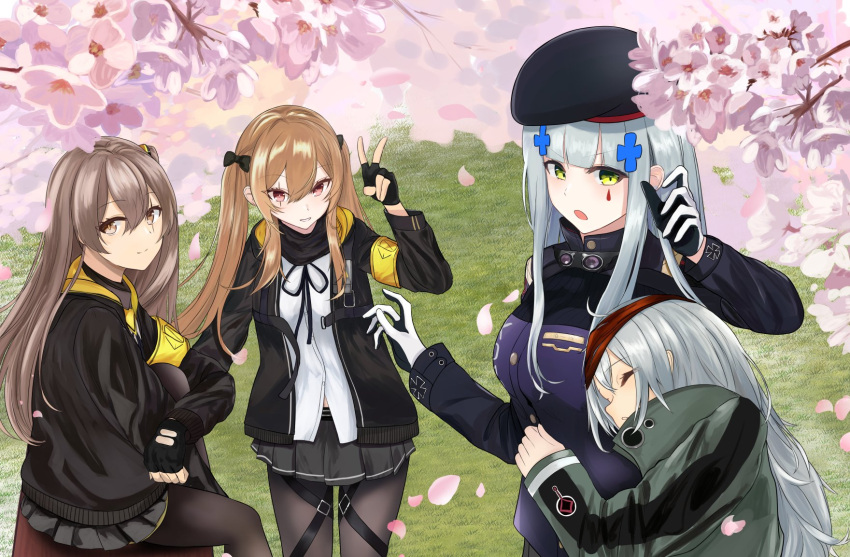 404_(girls'_frontline) 404_logo_(girls'_frontline) 4girls armband artist_request beret cherry_blossoms g11_(girls'_frontline) girls'_frontline hanami hat highres hk416_(girls'_frontline) hug long_hair multiple_girls petals siblings side_ponytail sisters sleepy third-party_source twintails ump45_(girls'_frontline) ump9_(girls'_frontline) yellow_armband