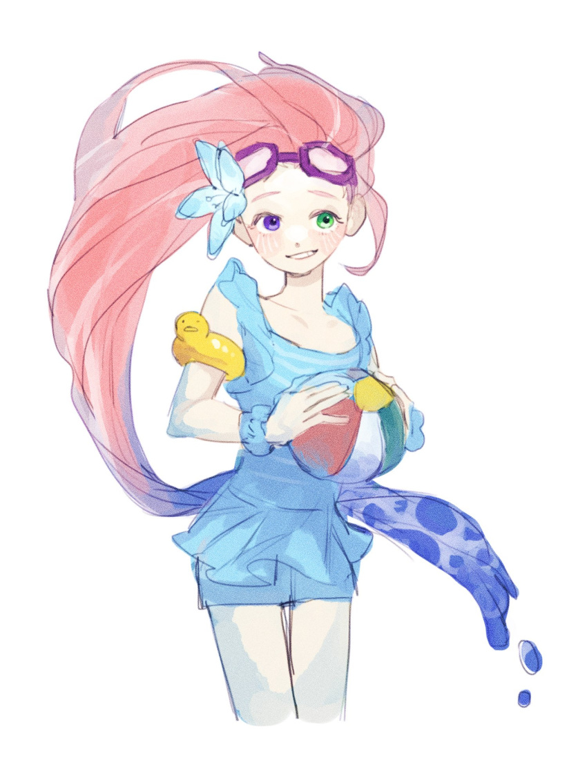 1girl ball beachball blue_eyes blue_flower blue_hair blue_one-piece_swimsuit blue_shorts blush brown_hair cowboy_shot cropped_legs diving_mask diving_mask_on_head flower goggles goggles_on_head grin hair_flower hair_ornament heterochromia highres holding holding_ball holding_beachball league_of_legends long_hair masu_(loguknocku) multicolored_hair one-piece_swimsuit shorts simple_background smile solo swimsuit teeth two-tone_hair very_long_hair white_background zoe_(league_of_legends)