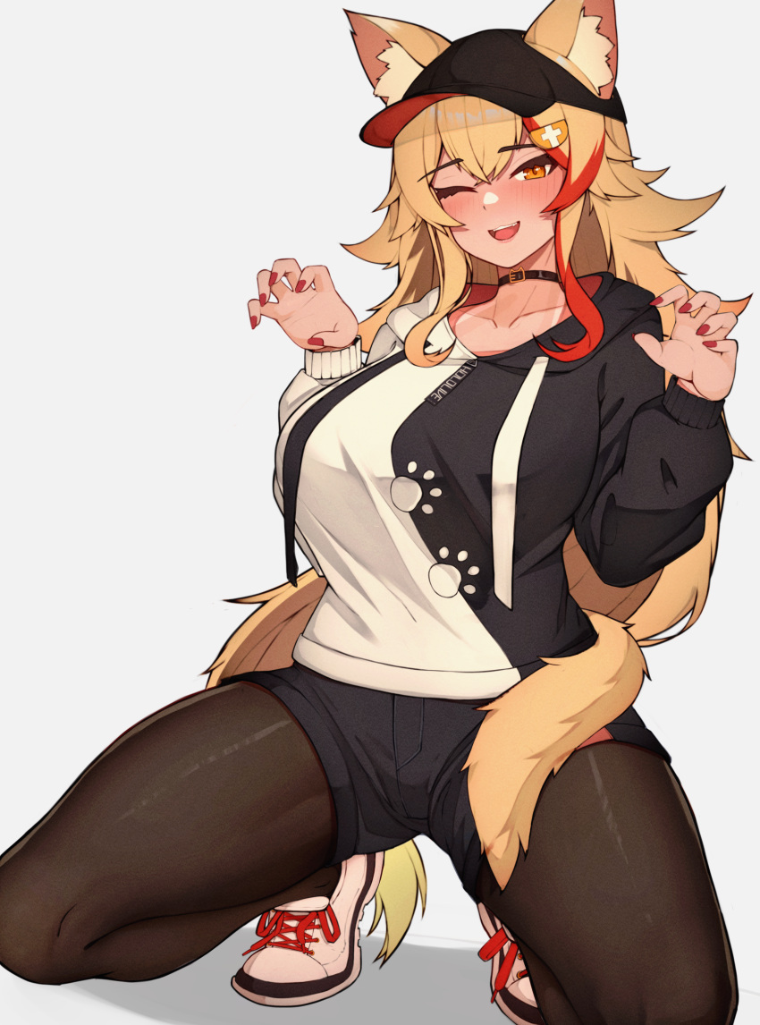 1girl ;d animal_ear_fluff animal_ears baseball_cap black_choker black_pantyhose black_shorts blonde_hair breasts choker claw_pose ears_through_headwear hair_ornament hairclip hat highres hololive large_breasts long_hair long_sleeves looking_at_viewer multicolored_hair one_eye_closed ookami_mio ookami_mio_(3rd_costume) pantyhose puffy_long_sleeves puffy_sleeves red_hair red_nails shoes short_shorts shorts simple_background smile solo squatting streaked_hair tail two-tone_hoodie varniskarnis very_long_hair virtual_youtuber white_background white_footwear wolf_ears wolf_tail