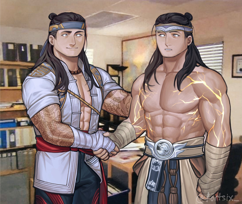 2boys abs arm_tattoo bandaged_hand bandages black_hair black_pants body_markings bright_pupils closed_mouth fortsix grey_headband headband highres holding_hands large_pectorals liu_kang long_hair male_focus meme meme_request mortal_kombat_(series) mortal_kombat_1_(2023) multiple_boys muscular muscular_male navel pants pectorals smile tattoo topless_male white_pupils young_michael_scott_shaking_ed_truck's_hand_(meme)