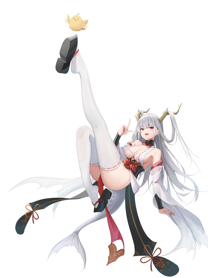 1girl absurdres arm_warmers azur_lane bare_shoulders bird black_footwear breasts chick cleavage dragon_girl dragon_horns dragon_tail full_body grey_hair hair_on_horn hand_up highres horns japanese_clothes kafeifeifeifeifeifei_jiemo_jun knee_up large_breasts leg_up long_hair looking_at_viewer manjuu_(azur_lane) open_mouth red_eyes revealing_clothes ribbon-trimmed_clothes ribbon-trimmed_thighhighs ribbon_trim shimanto_(azur_lane) simple_background smile tail thighhighs white_background white_hair white_thighhighs