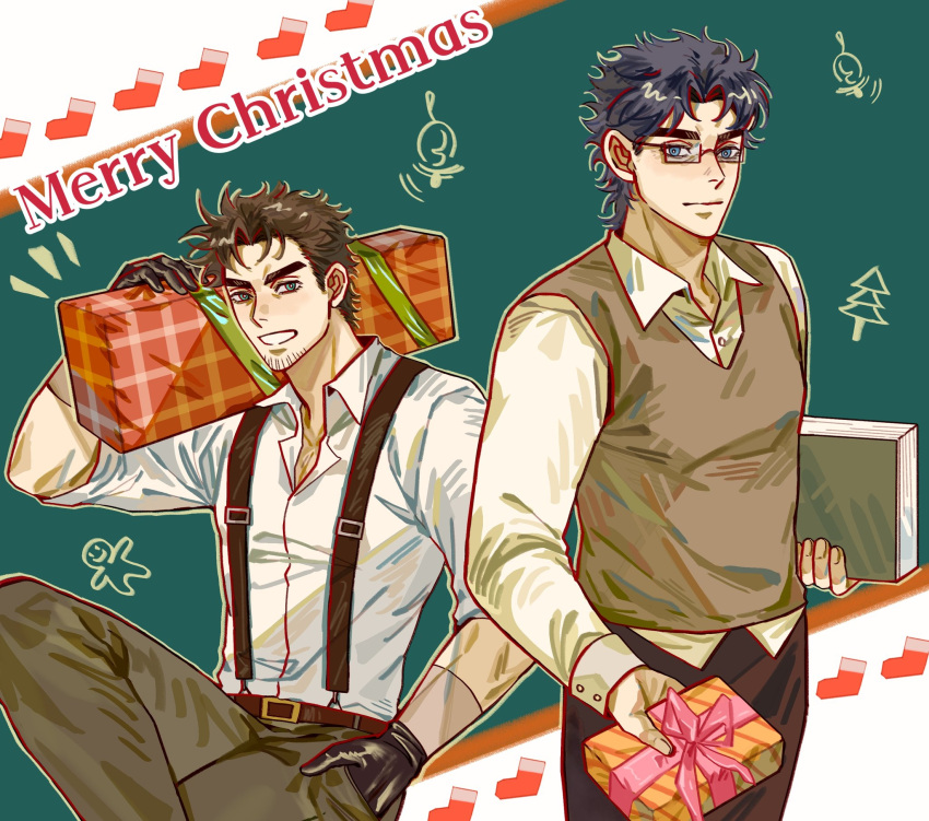 2boys battle_tendency beard bespectacled blue_eyes blue_hair book brown_hair crossed_legs dress_shirt facial_hair gift glasses gloves green_eyes hand_up highres holding holding_gift jojo_no_kimyou_na_bouken jonathan_joestar leather leather_gloves male_focus merry_christmas multiple_boys phantom_blood shirt sitting stubble suspenders sweater zhoujo51