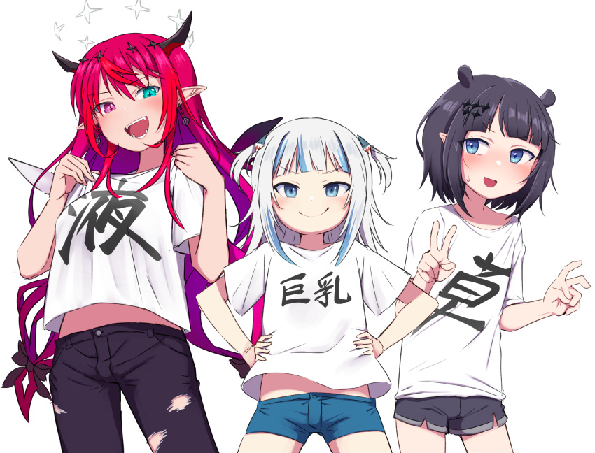 +_+ 3girls :d alternate_costume aqua_eyes black_hair black_pants black_shorts blue_eyes blue_shorts blunt_bangs clothes_writing commentary crystal_wings double_v earrings fangs gawr_gura hair_ornament halo hands_on_own_hips heterochromia highres hololive hololive_english horns irys_(hololive) jewelry konboi-eg long_hair looking_at_viewer low-tied_long_hair medium_hair multicolored_hair multiple_girls ninomae_ina'nis official_alternate_hair_length official_alternate_hairstyle open_mouth pants pointy_ears purple_hair red_eyes red_hair shark_girl shark_hair_ornament shirt short_hair short_shorts short_sleeves shorts simple_background smile smug sweatdrop t-shirt torn_clothes torn_pants translated two-tone_hair two_side_up v very_long_hair virtual_youtuber white_background white_hair white_shirt