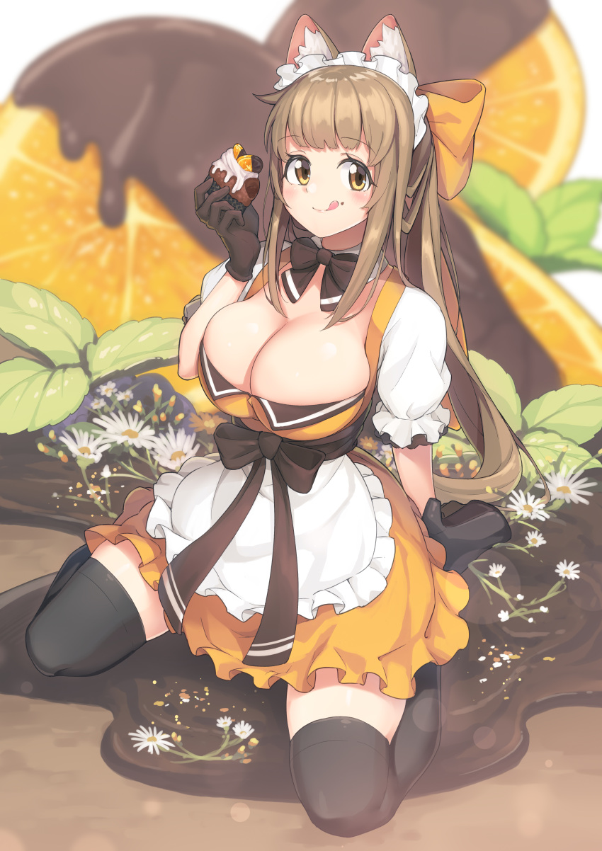 1girl :q absurdres animal_ear_fluff animal_ears apron arukiru black_bow black_bowtie black_footwear black_thighhighs blunt_bangs blurry blurry_background bow bowtie breasts brown_gloves brown_hair chocolate cleavage closed_mouth collar detached_collar dress eyelashes flipped_hair flower food food_on_face frilled_apron frilled_dress frilled_sleeves frills fruit full_body gloves hair_bow hand_up high_heels highres holding holding_food large_breasts licking_lips light_blush long_hair looking_at_viewer maid maid_headdress mint muffin orange_(fruit) original sash short_dress short_sleeves sidelocks sitting smile solo thighhighs tongue tongue_out waist_bow wariza white_apron white_collar yellow_dress yellow_eyes zettai_ryouiki
