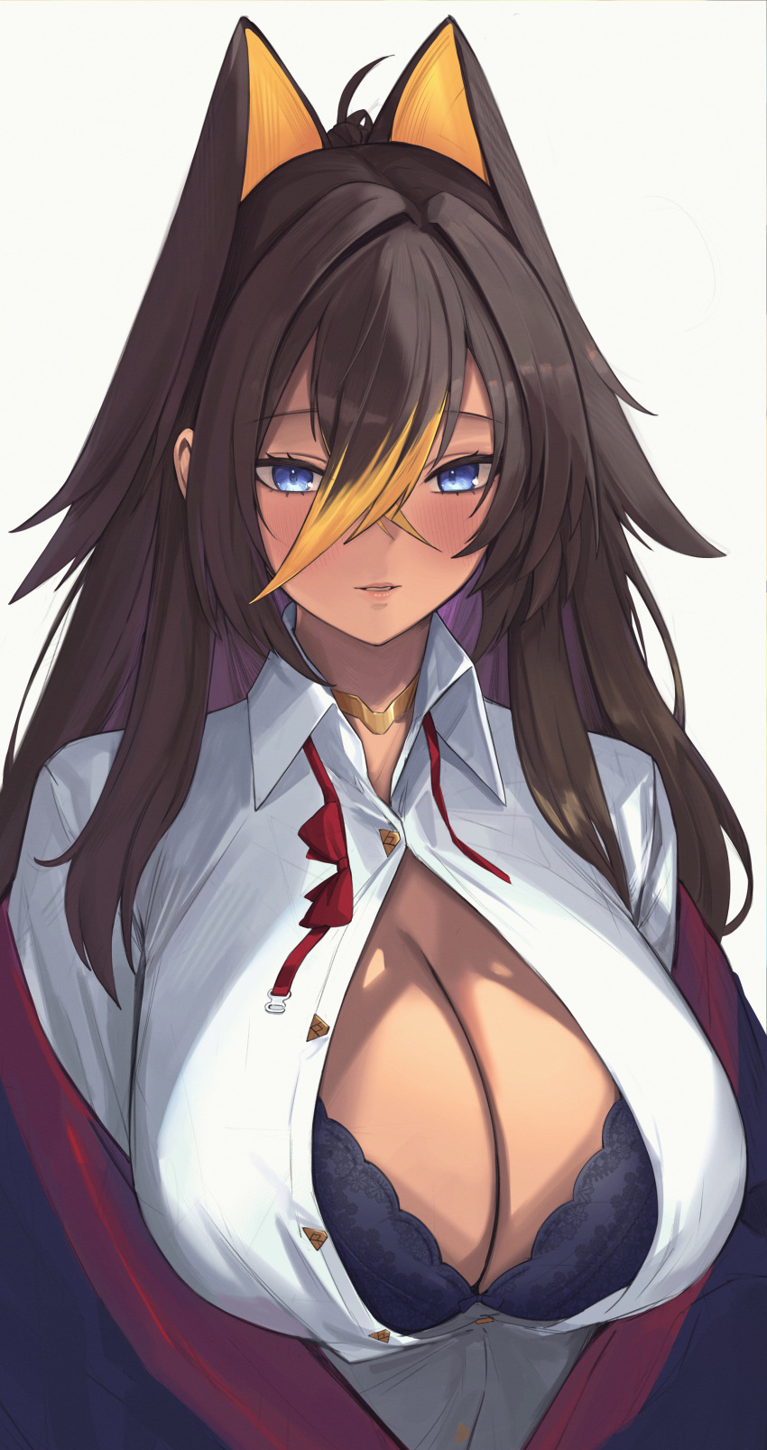 1girl absurdres bangs black_bra black_hair black_jacket blonde_hair blue_eyes blush bow bowtie bra breasts cleavage collared_shirt crossed_bangs dark-skinned_female dark_skin dehya_(genshin_impact) genshin_impact gold_choker hair_between_eyes hair_ears hair_intakes highres jacket large_breasts long_hair looking_at_viewer loose_bowtie multicolored_hair off-shoulder_jacket off_shoulder parted_lips partially_unbuttoned red_bow red_bowtie shio05_(05_sio) shirt solo streaked_hair two-tone_hair underwear upper_body white_background white_shirt