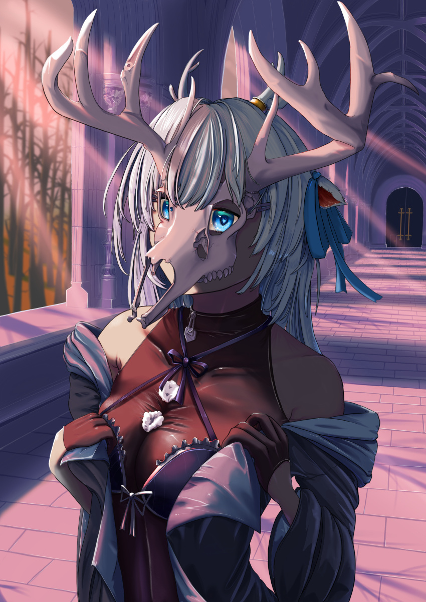 1girl absurdres animal_ears antlers bare_shoulders bare_tree black_dress black_gloves blue_eyes blue_ribbon bodystocking brick_floor broken_skull covered_collarbone criss-cross_halter deer_antlers deer_ears deer_girl deer_skull door dress gloves grey_hair hair_ribbon hakushika_iori halterneck highres jiis4edit long_hair mask off_shoulder phase_connect ribbon skull_mask sleeveless sleeveless_dress solo tree upper_body virtual_youtuber