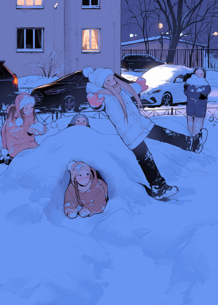 5girls absurdres blonde_hair blue_coat brown_hair building buried buried_alive child coat cold falling gloves highres hyundai knit_hat luimiart multiple_girls original pants park pink_coat scarf snow snowball snowing snowshoes tree white_coat window winter winter_clothes winter_coat winter_gloves